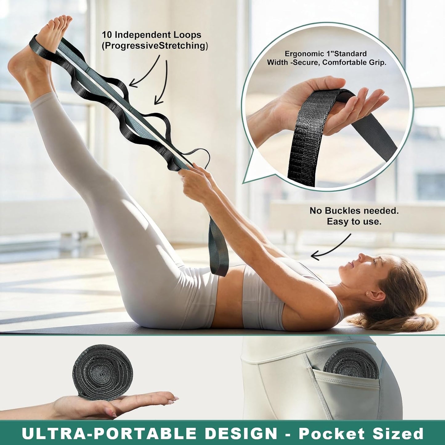 Acozycoo Stretching Strap with Loops,Non-Elastic Yoga Strap for Physical Therapy,Knee Replacement Recovery & Plantar Fasciitis,Leg Stretcher Band for Flexibility & Hamstring Rehab