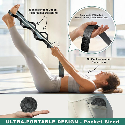 Acozycoo Stretching Strap with Loops,Non-Elastic Yoga Strap for Physical Therapy,Knee Replacement Recovery & Plantar Fasciitis,Leg Stretcher Band for Flexibility & Hamstring Rehab
