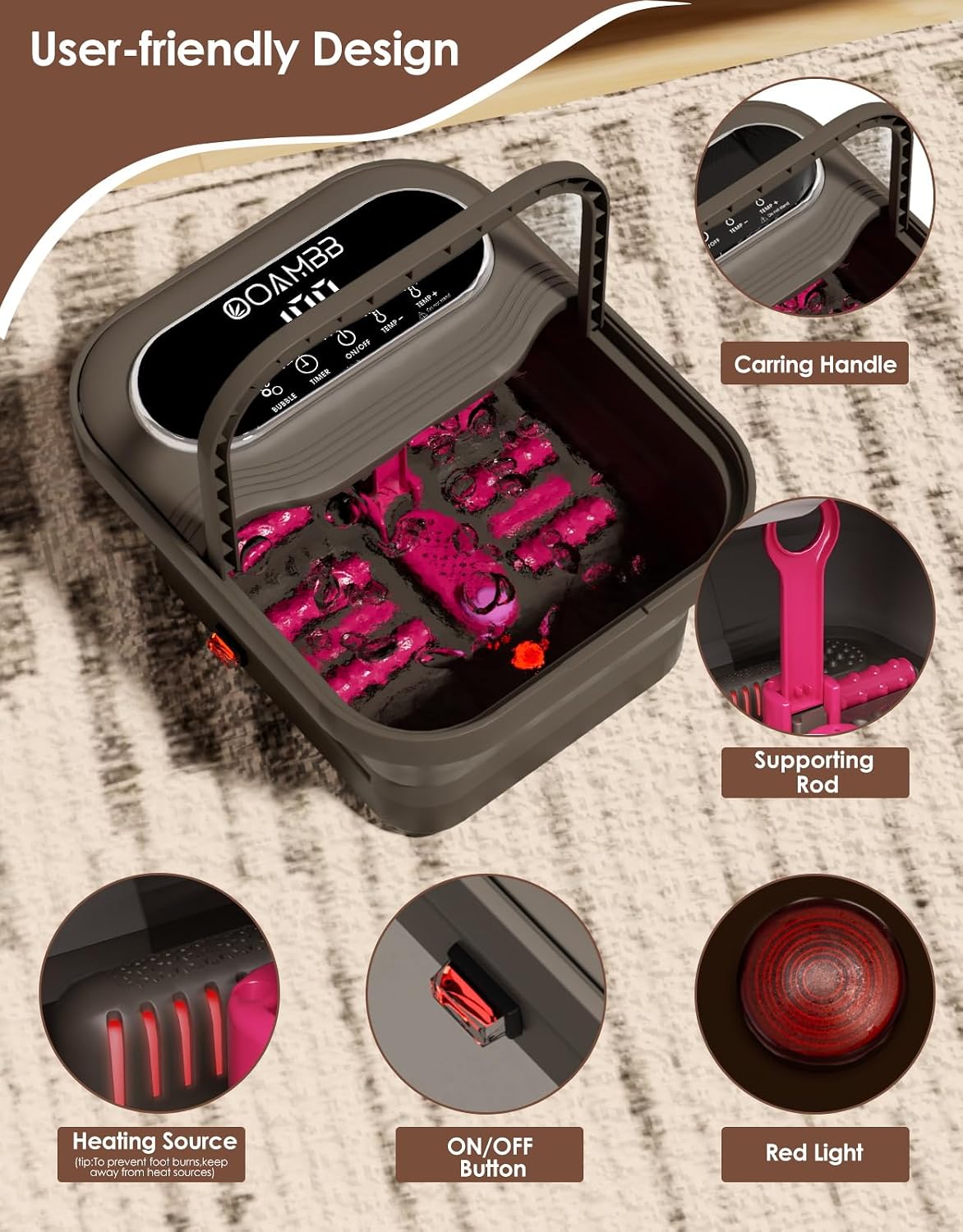 OOAMBB Collapsible Foot Spa with Heat, Bubble and Temp Control, Foot Bath Massager with XL Touch Screen and Massage Rollers, Foot Soaking Tub, Pedicure Foot spa for Stress Relief (Grey)