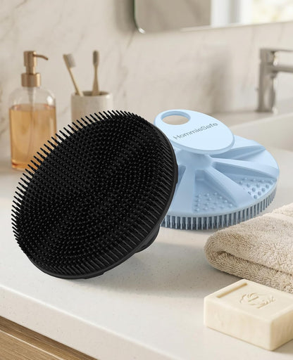 2 Pack Soft Silicone Shower Brush, Body & Face & Short Hair Wash, Bath Exfoliating Skin Massage Scrubber, Dry Skin Brushing Glove Loofah, Fit for Sensitive and All Kinds of Skin (PeonyPink+Green)