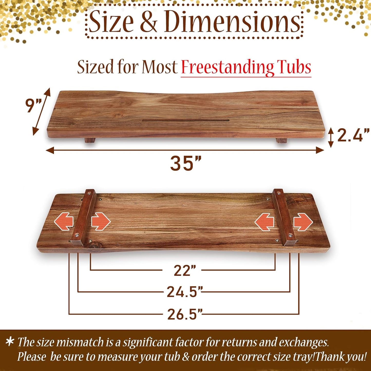 Premium 1.2IN Thickened Board Acacia Wood Bathtub Tray Caddy with Adjustable Legs, Minimalistic Design Bath Tray for Tub, Bathtub Accessories, Fits Most Bath Tubs, Idea for Women