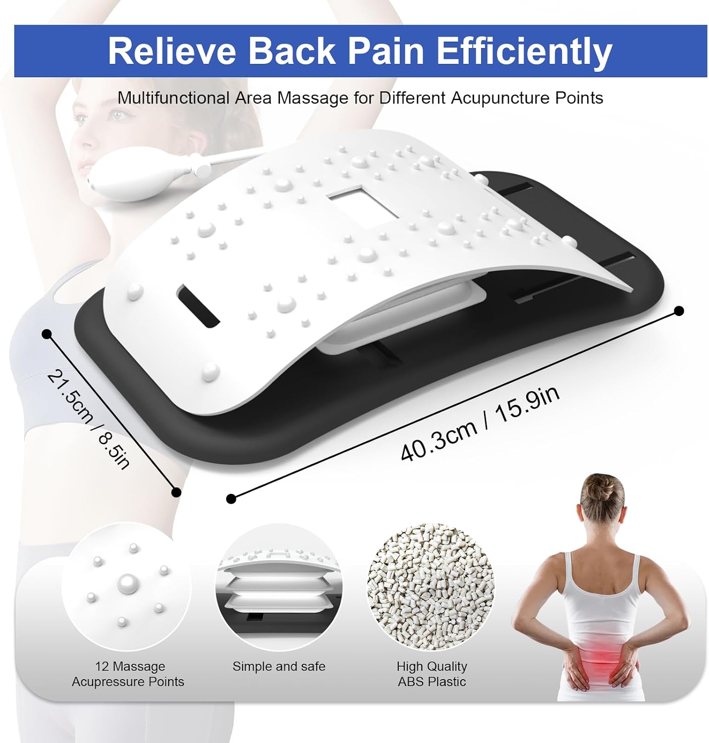 ZhanHao Back Stretcher for Lower Back Pain Relief,Adjustable Lumbar Traction Device, Ergonomic Spine Board with Acupressure Points,Back Massager for Spinal Decompression and Scoliosis