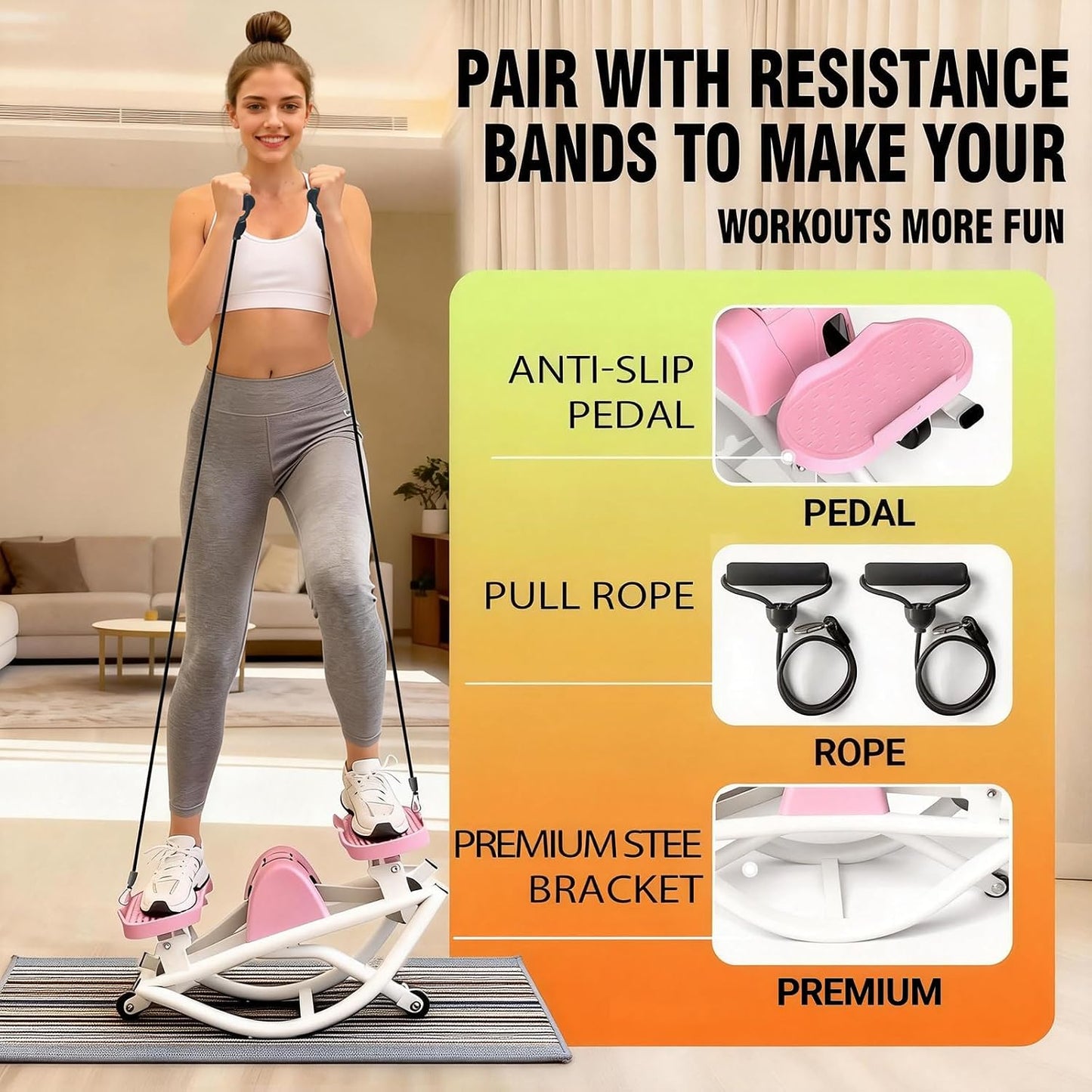 Rock Stepper, Side to Side Rocking Stepper Exercise Machine for Balance at Home, Low-Impact Lateral Stair Stepper with Resistance Bands & Digital Counter, 250 LBS Weight Capacity