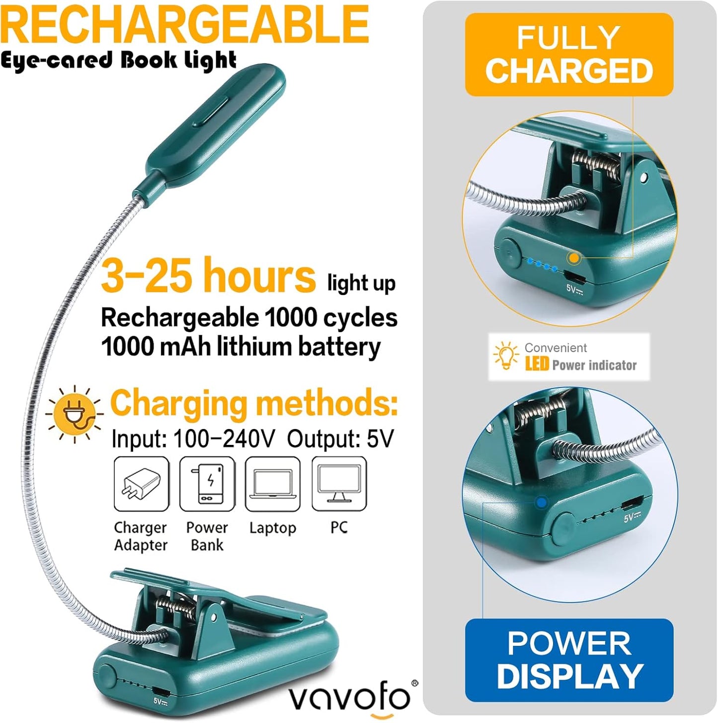 VAVOFO Clip On Book Light for Bed Kids, 7 LED Reading Light with 9-Level Warm Cool White Daylight, Eye Care Lamp with Power Indicator for Bookworms (Blue)