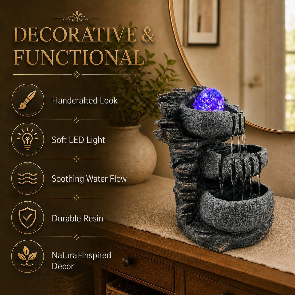 Indoor Tabletop Water Fountain with LED Light, Resin Rock-Look Waterfall Decor, Feng Shui Inspired Zen Fountain for Desk, Office, Bedroom, Living Room & Meditation Space (9" Cascading Rock)