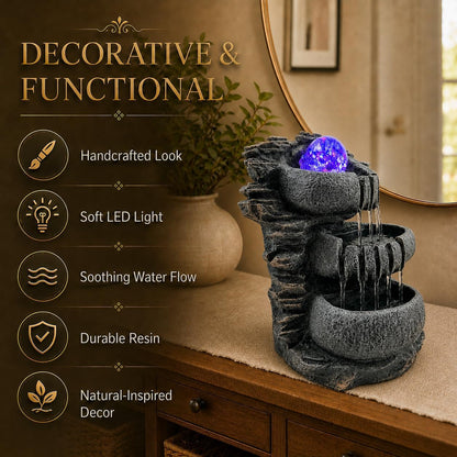 Indoor Tabletop Water Fountain with LED Light, Resin Rock-Look Waterfall Decor, Feng Shui Inspired Zen Fountain for Desk, Office, Bedroom, Living Room & Meditation Space (9" Cascading Rock)