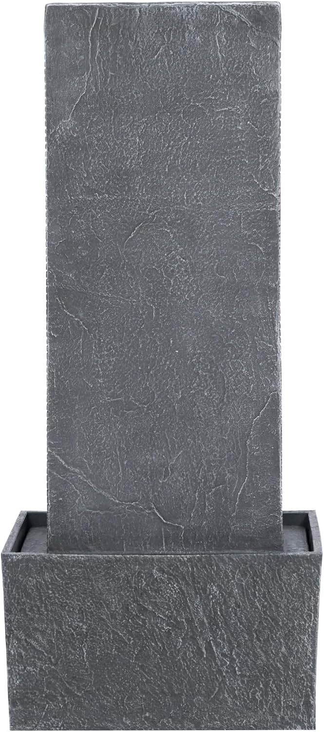 Teamson Home 38.58 in. Modern Curved Faux Slate Waterfall Fountain for Indoors or Outdoors with LED Light Accents and 1.98-Gallon Pump, Black and Stone Gray | Freestanding Floor Garden Waterfall, LED Lights, Weatherproof Polyresin, For Patio & Yard