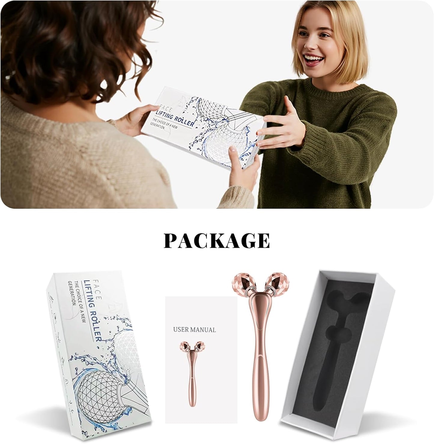 Wireless Face Massager Tool, 8-Roller 3D Face Roller for Women, LED Facial Massager,V-Shape Face Sculpting Tool for Jawline, 6 Light & Vibration Modes, USB-C Rechargeable