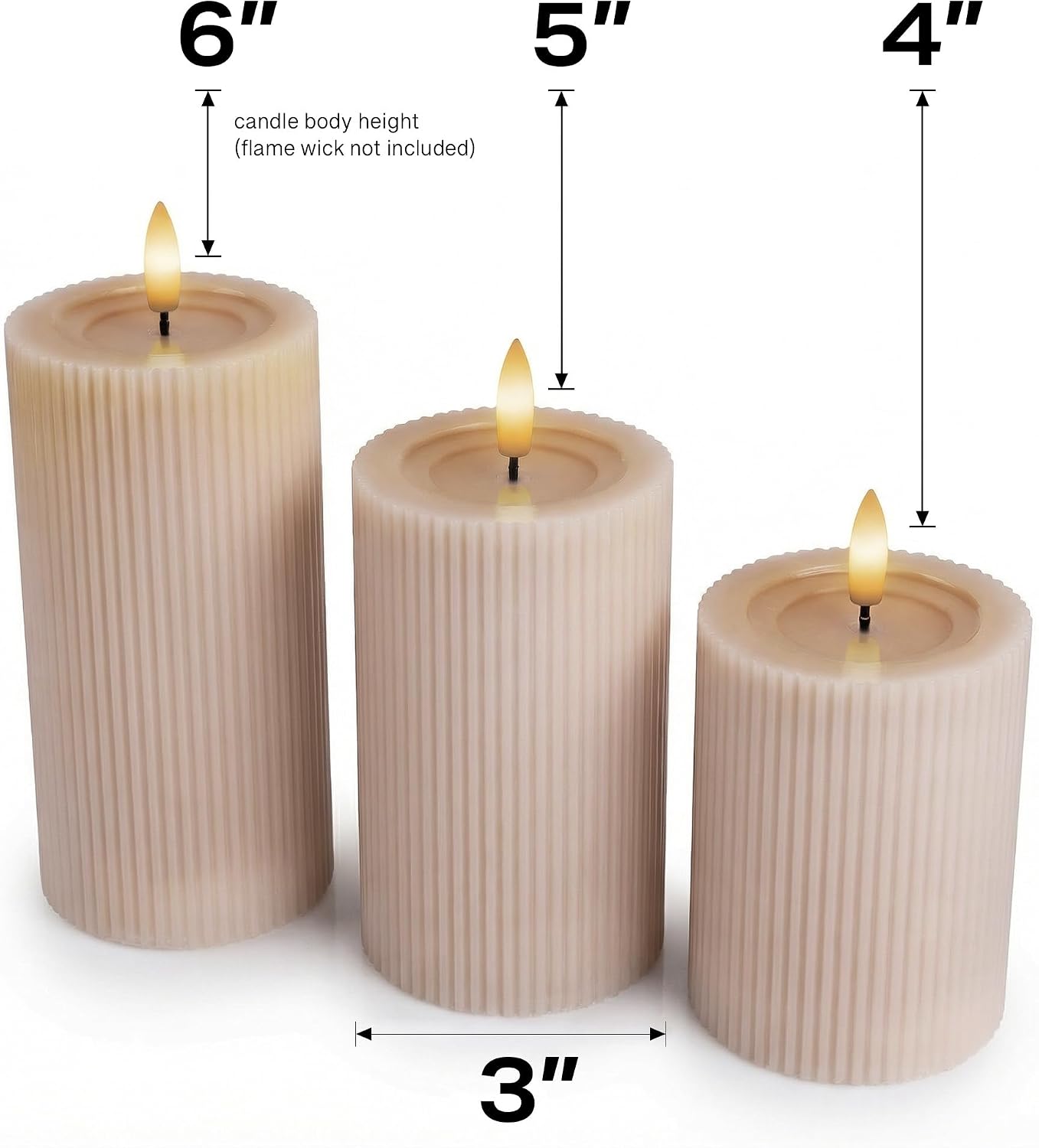 Ribbed Fluted Real Wax Flameless LED Pillar Candles, Loden Sage Olive Green, Melted-Wax Top Look, Flickering Flame, Battery Operated, Remote & Timer, Shelf & Wedding Decor (Set of 3)