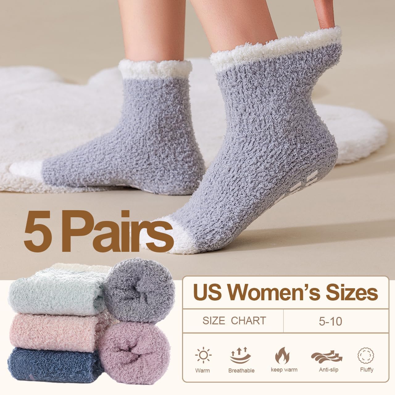 5 Pairs Fuzzy Socks with Grips for Women, Non Slip Cozy Fluffy Soft Socks, Winter Sleep Slipper Hospital