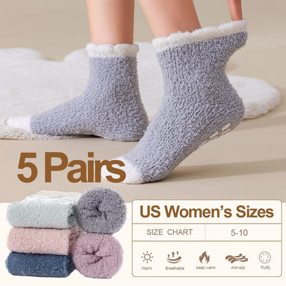 5 Pairs Fuzzy Socks with Grips for Women, Non Slip Cozy Fluffy Soft Socks, Winter Sleep Slipper Hospital