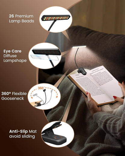 Glocusent 630nm Red Light Reading Light, 26 LEDs Zero Blue Light, 1600K Amber Book Light with 3 Modes & 5 Brightness Dimmable, 120H Runtime, Eye-Care Clip on Light for Book Lovers and Kids