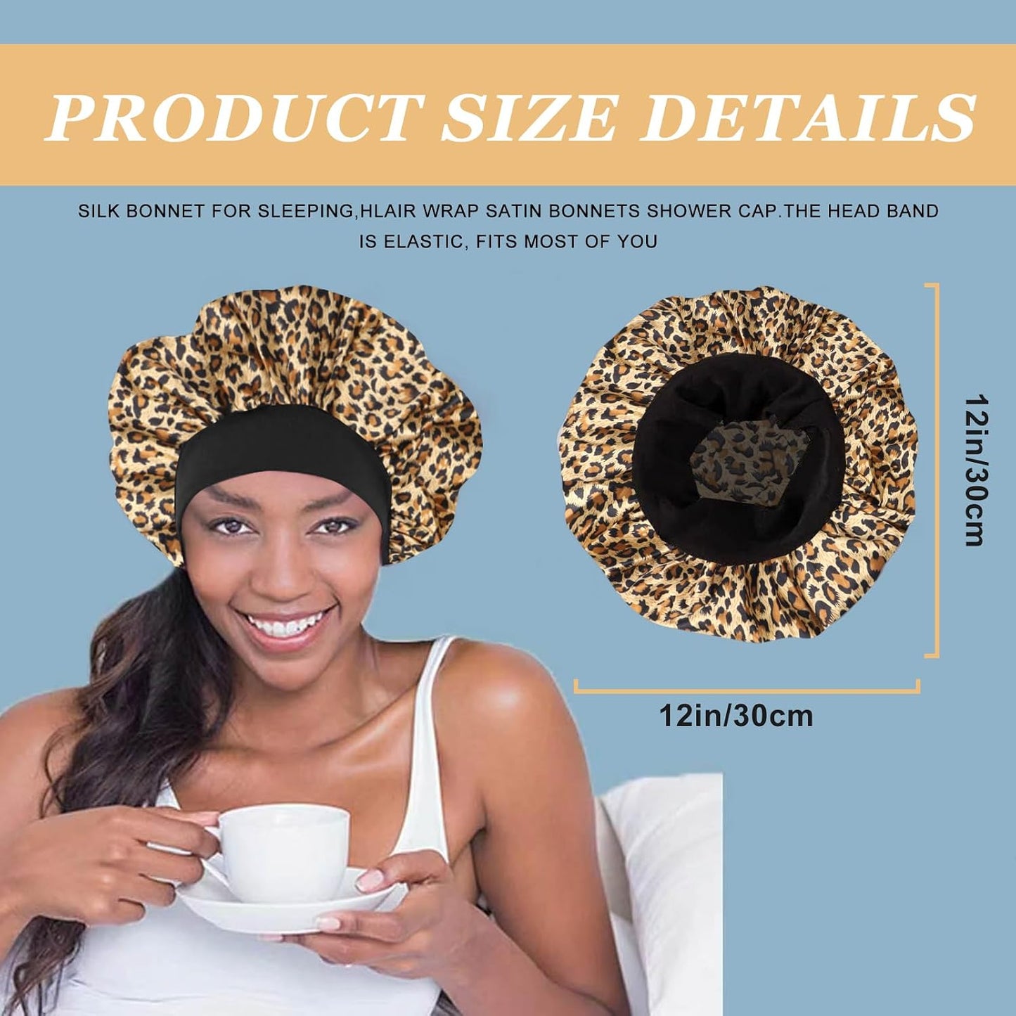 4PCS Silk Satin Bonnets for Black Women & Men - Elastic Wide Band Hair Wrap Cap for Curly Hair - Shower Cap for Sleeping (Black, Peacock Blue, Pink, Khaki)