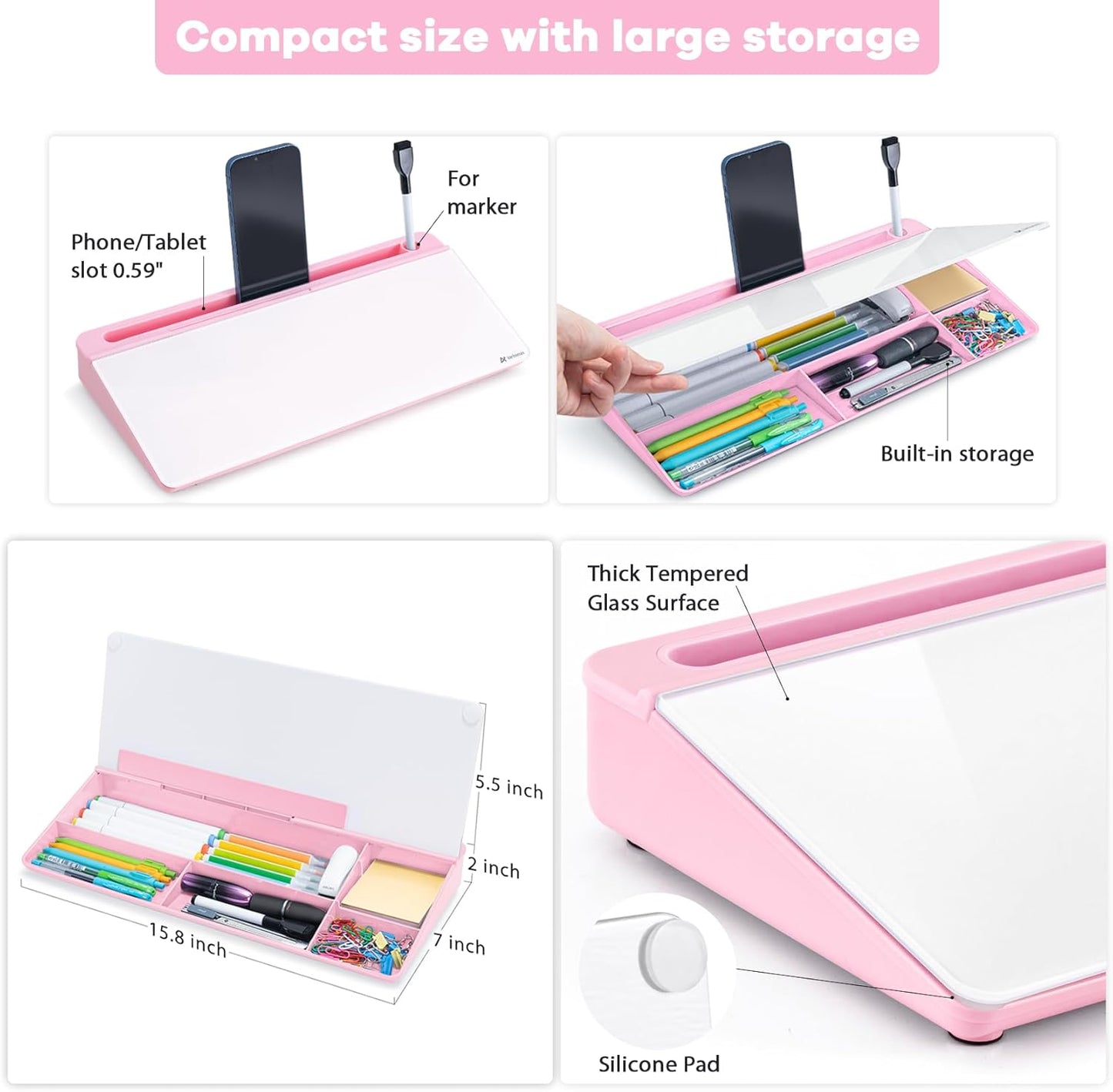 Varhomax Glass Weekly Dry Erase Desk White Board, Desktop to Do List Planner Whiteboard Calendar with Storage Caddy Memo for Home and Office, White