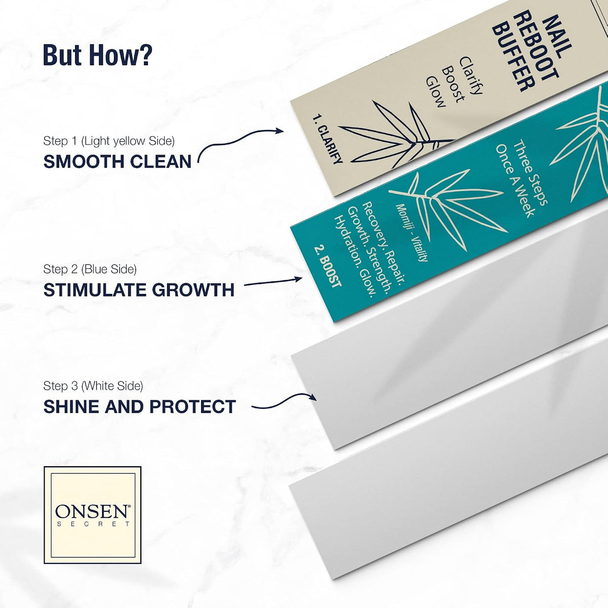 Onsen Secret Professional Nail Buffer Block | 4-Way Buffing for Natural Shine & Healthy Natural Nails - Includes 2 Extra Shine Pads, Salon-Quality, Post-Gel & Acrylic Recovery | 1 Pack