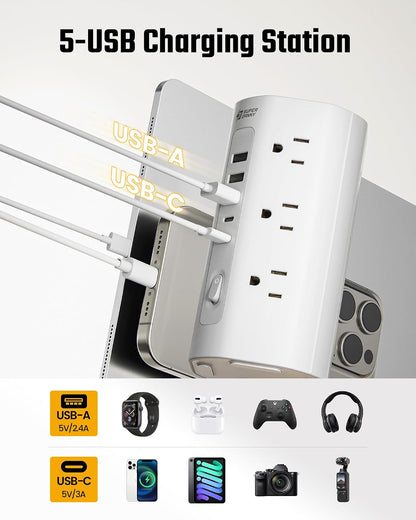 10Ft Tower Power Strip, Long Extension Cord, Flat Plug, 1700J, 12 AC 5 USB