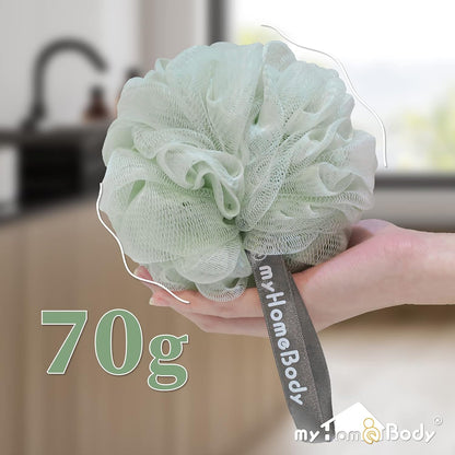 myHomeBody Large 70g Loofah Sponge, Bath Body Scrubber for Women, Men, Exfoliating Shower Pouf with Activated Charcoal - 2 Graphite Gray + 1 Sage Green, 3 Pack