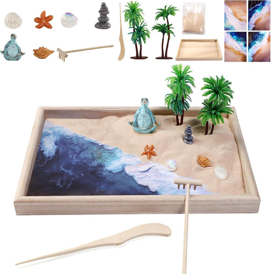 Beach Mini Zen Garden Kit for Desk Decor,Sea Turtle Meditation Yoga Figurines Sand Tray Therapy Office Decor,Coastal Beach Decorations Accessories for Home Room,Mindfulness Gifts for Yoga