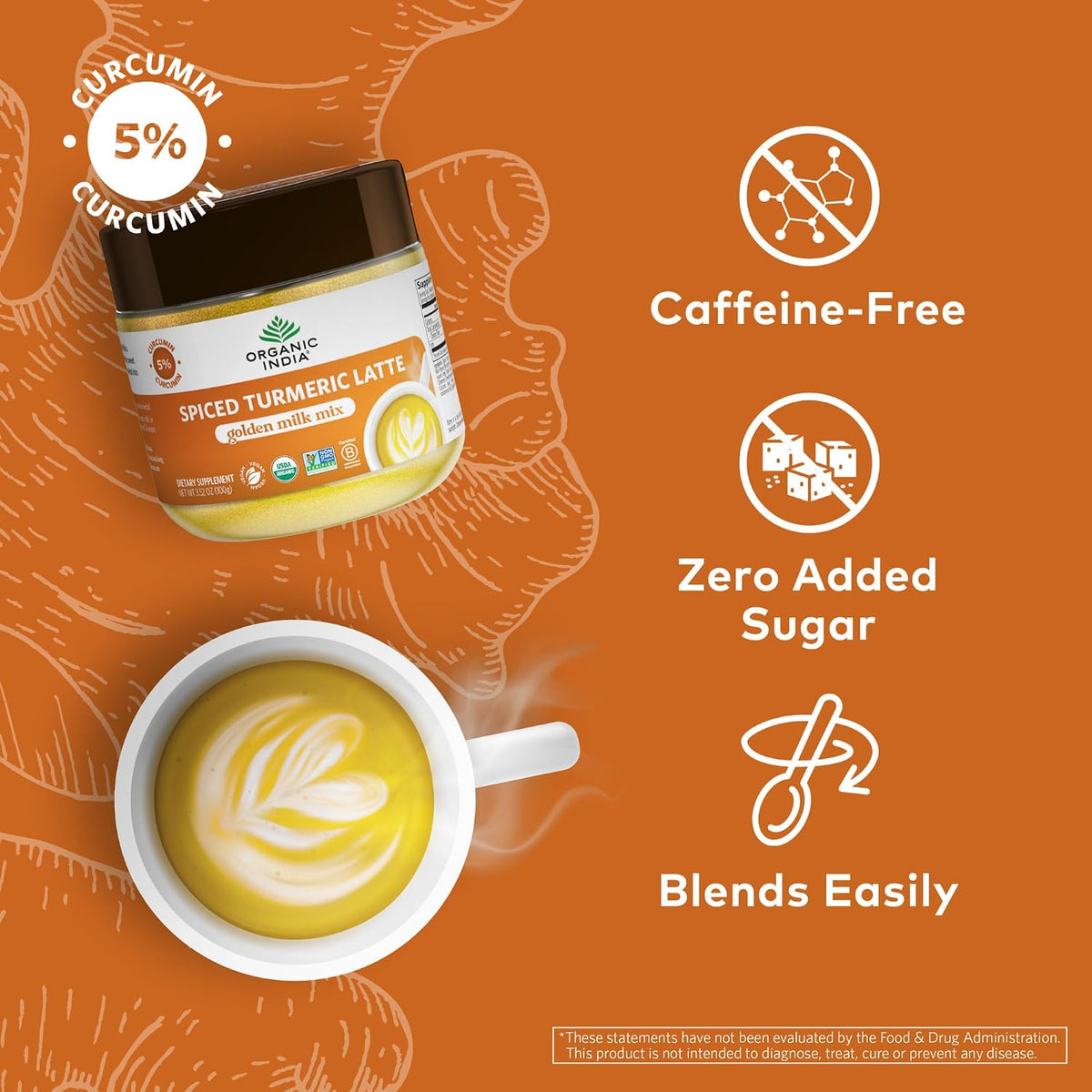 ORGANIC INDIA Spiced Turmeric Latte Powder, Golden Milk Mix, Vegan, 3.52 Oz