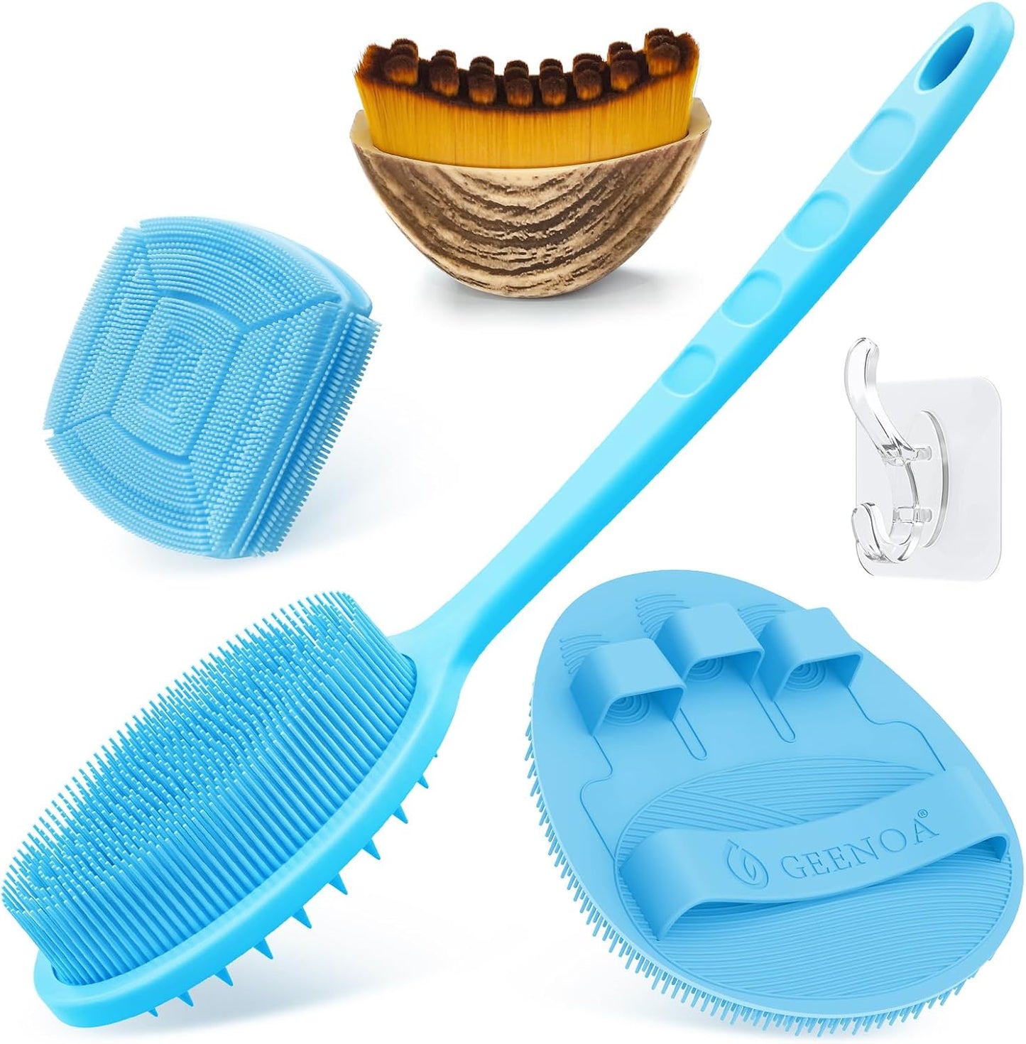 Silicone Back Scrubber & Bath Glove Set 2PCS, 13.4'' Gentle Shower Back Scrubber with Dual-Side Head Non-Slip Handle, 360° Anti-Slip Hand-fit Bath Glove for Rich Foaming Deep Cleaning(Black)