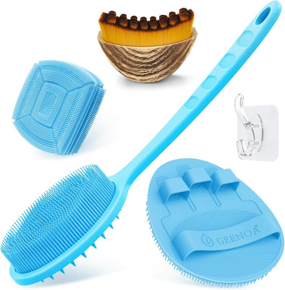 Silicone Back Scrubber & Bath Glove Set 2PCS, 13.4'' Gentle Shower Back Scrubber with Dual-Side Head Non-Slip Handle, 360° Anti-Slip Hand-fit Bath Glove for Rich Foaming Deep Cleaning(Black)