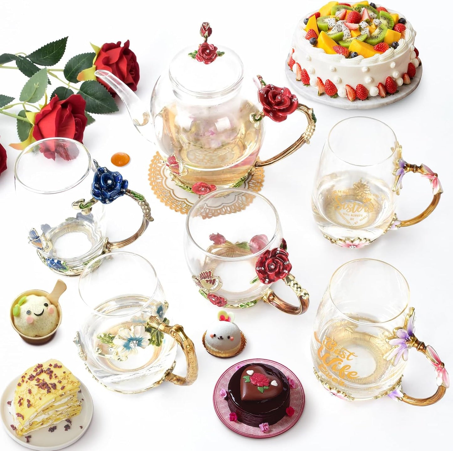 Enamel Glass Flower Tea Pot With Removable Loose Tea Leaf Infuser Tea Maker Teapot Set 30.4OZ Gifts for Women,Mom,Birthday