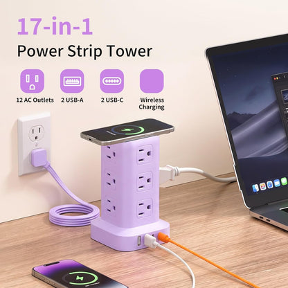 Extension Cord with Multiple Outlets, SMALLRT Power Strip Tower, Outlet Extender with 12 AC Outlets 4 USB, 6.5FT Extension Cord for Home Dorm Room, Office Supplies,Overload Protection