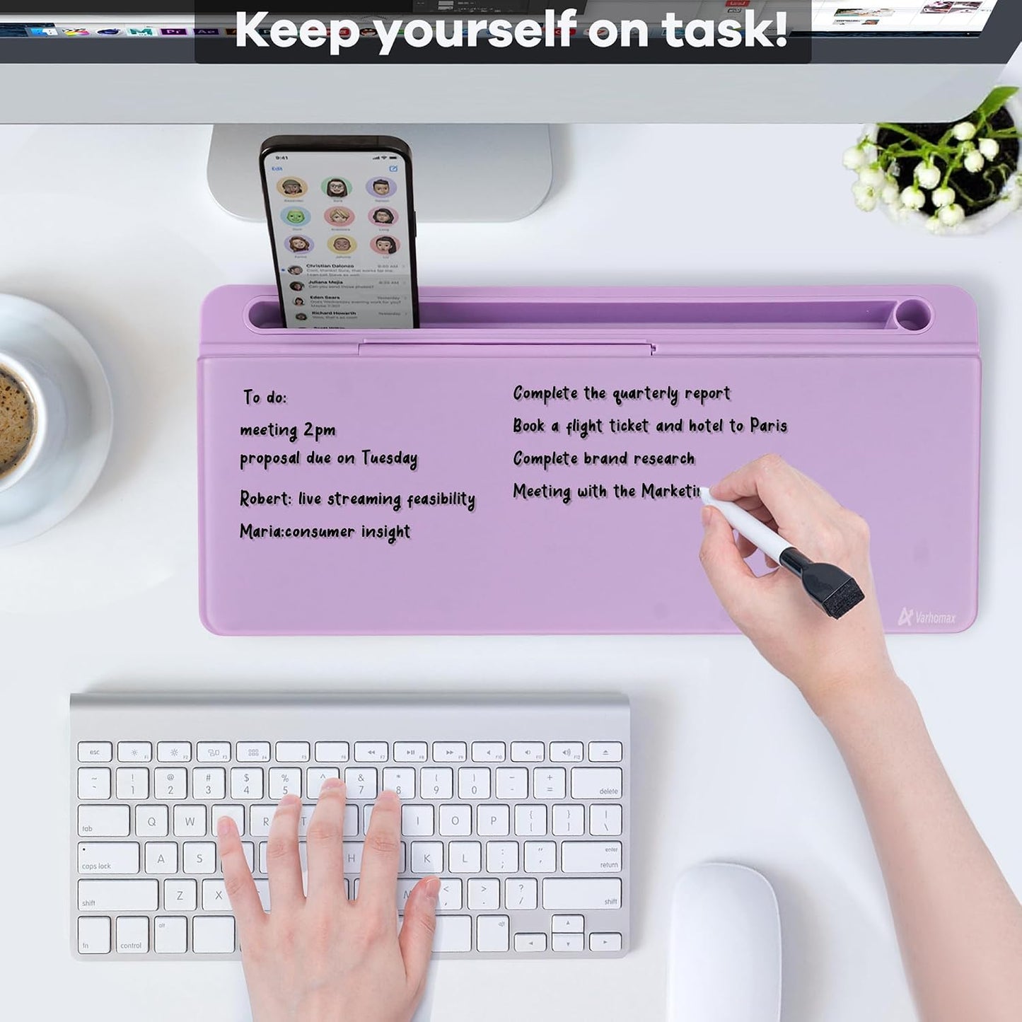 Varhomax Glass Weekly Dry Erase Desk White Board, Desktop to Do List Planner Whiteboard Calendar with Storage Caddy Memo for Home and Office, White