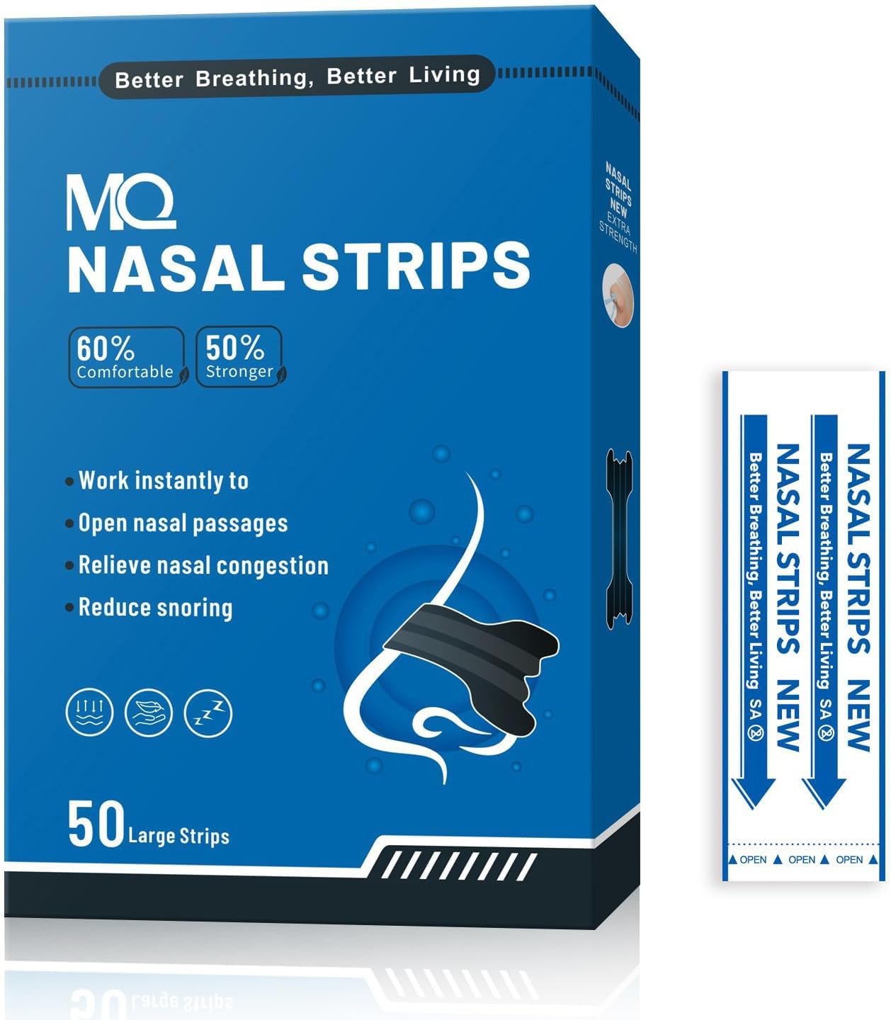 MQ 100ct Nasal Strips for Snoring Black Nose Strips for Breathing Extra Strength Snore Strips to Open Nasal Passages, Relieve Nasal Congestion
