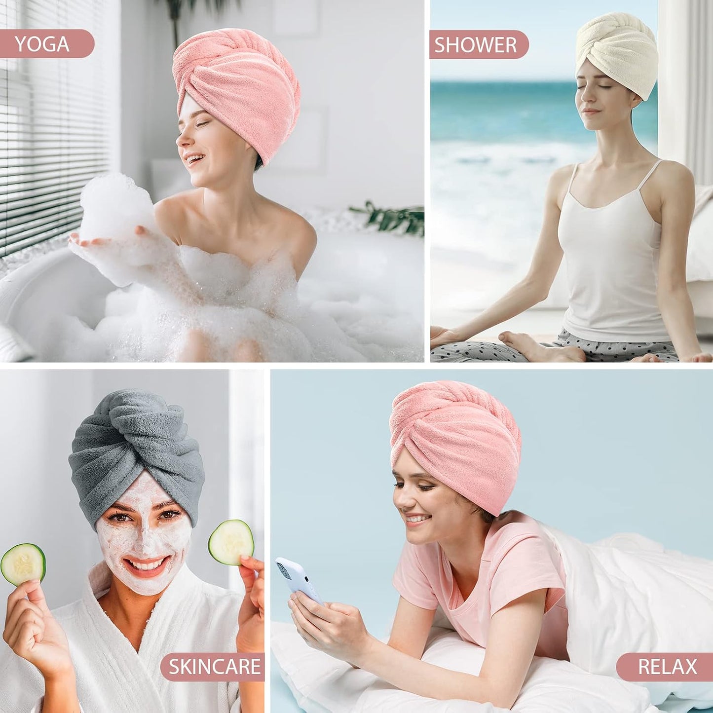 YFONG 3 Pack Microfiber Hair Towel Wrap for Women Girls, Super Absorbent Turban Towels for Drying Wet Hair, Anti Frizz Head Towels for Curly All Hair Style, Turbie Twist (Blue, Pink, White)