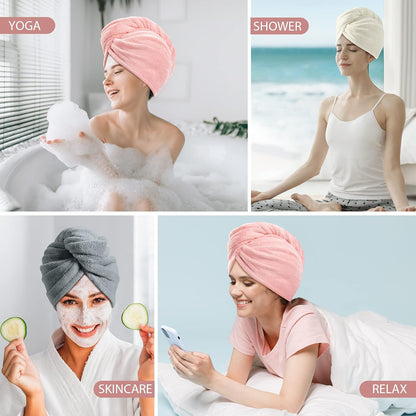 YFONG 3 Pack Microfiber Hair Towel Wrap for Women Girls, Super Absorbent Turban Towels for Drying Wet Hair, Anti Frizz Head Towels for Curly All Hair Style, Turbie Twist (Blue, Pink, White)