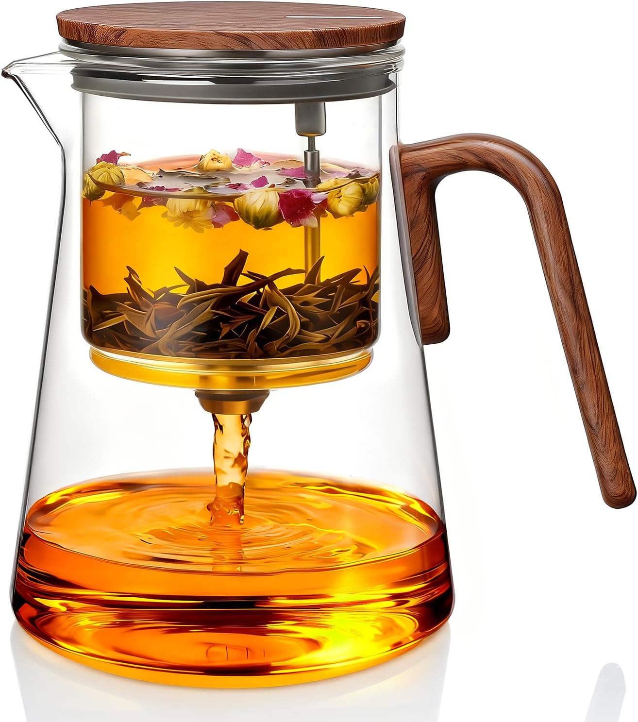 ZENS Magnetic Tea Pot, Enchanted Glass Teapot with Infuser and Magnetic Suction Lid for Mess-Free Loose Tea Diffusers, Walnut Wood Handle, Tea Lovers Gifts