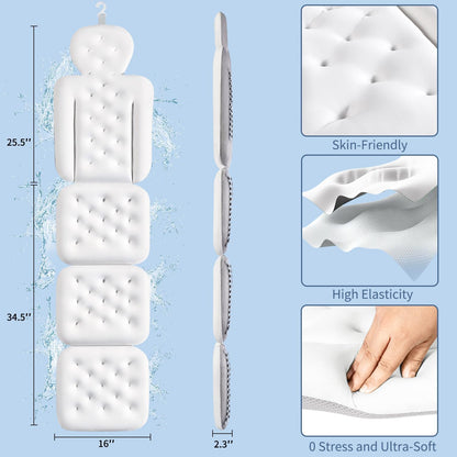 Luxury Bath Cushion, Full Body Bathtub Pillow with 160 Suction Cups, Bath Mat for Head and Neck Support, with Laundry Bag (Blue, 51" x 16")