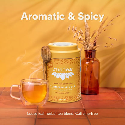 JusTea TURMERIC GINGER Loose Herbal Tea, 40+ Cup Tin + Spoon, Caffeine-Free