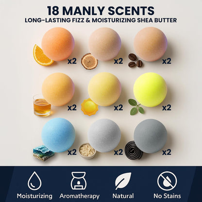 Bath Bombs for Men - Gift Set of 18 Square Shaped Handmade Natural Bath Bombs of 2.5 oz w/Essential Oils, Unique Manly Scents, for Boyfriend, Husband, Father - 18 Pack Square