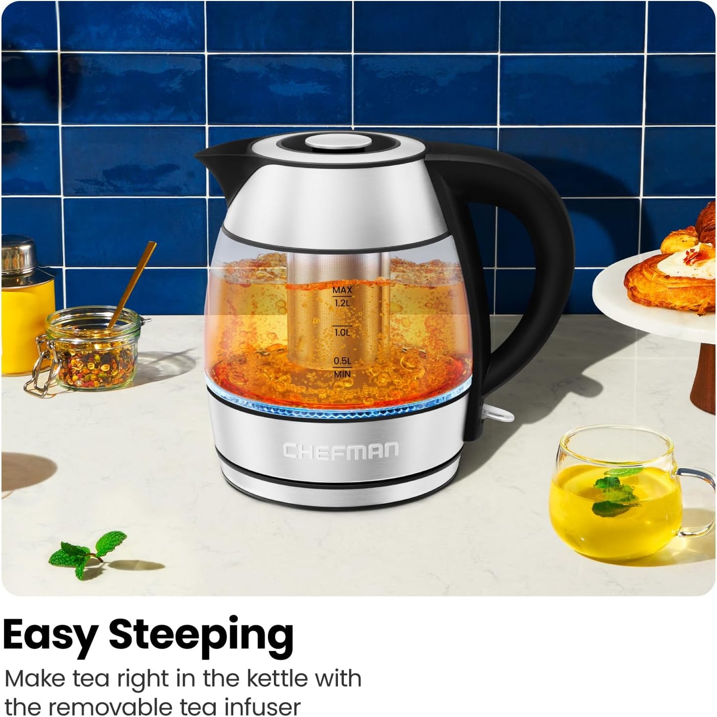 Chefman Electric Kettle with Temperature Control, 5 Presets LED Indicator Lights, Removable Tea Infuser, Glass Tea Kettle & Hot Water Boiler, 360° Swivel Base, BPA Free, Stainless Steel, 1.8 Liters
