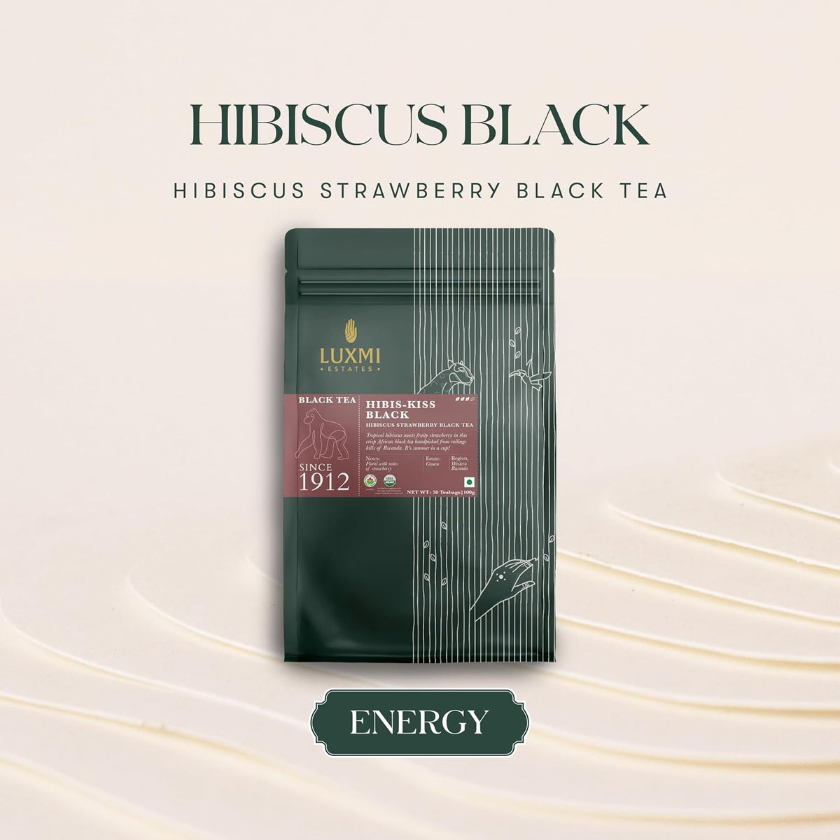 Luxmi Estates Hibis-Kiss Organic Hibiscus Tea (50 Tea Bags) Caffeinated Tea Bags For A Morning Boost and Natural Energy, With Certified Organic Black Tea