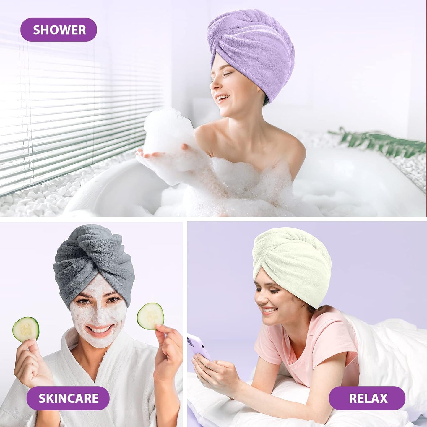 YFONG 3 Pack Microfiber Hair Towel Wrap for Women Girls, Super Absorbent Turban Towels for Drying Wet Hair, Anti Frizz Head Towels for Curly All Hair Style, Turbie Twist (Blue, Pink, White)