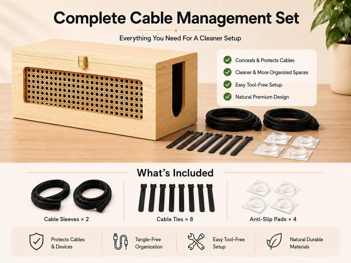 Wooden Cable Management Box - 15 x 6.5 x 6.3 in - Power Strip Organizer