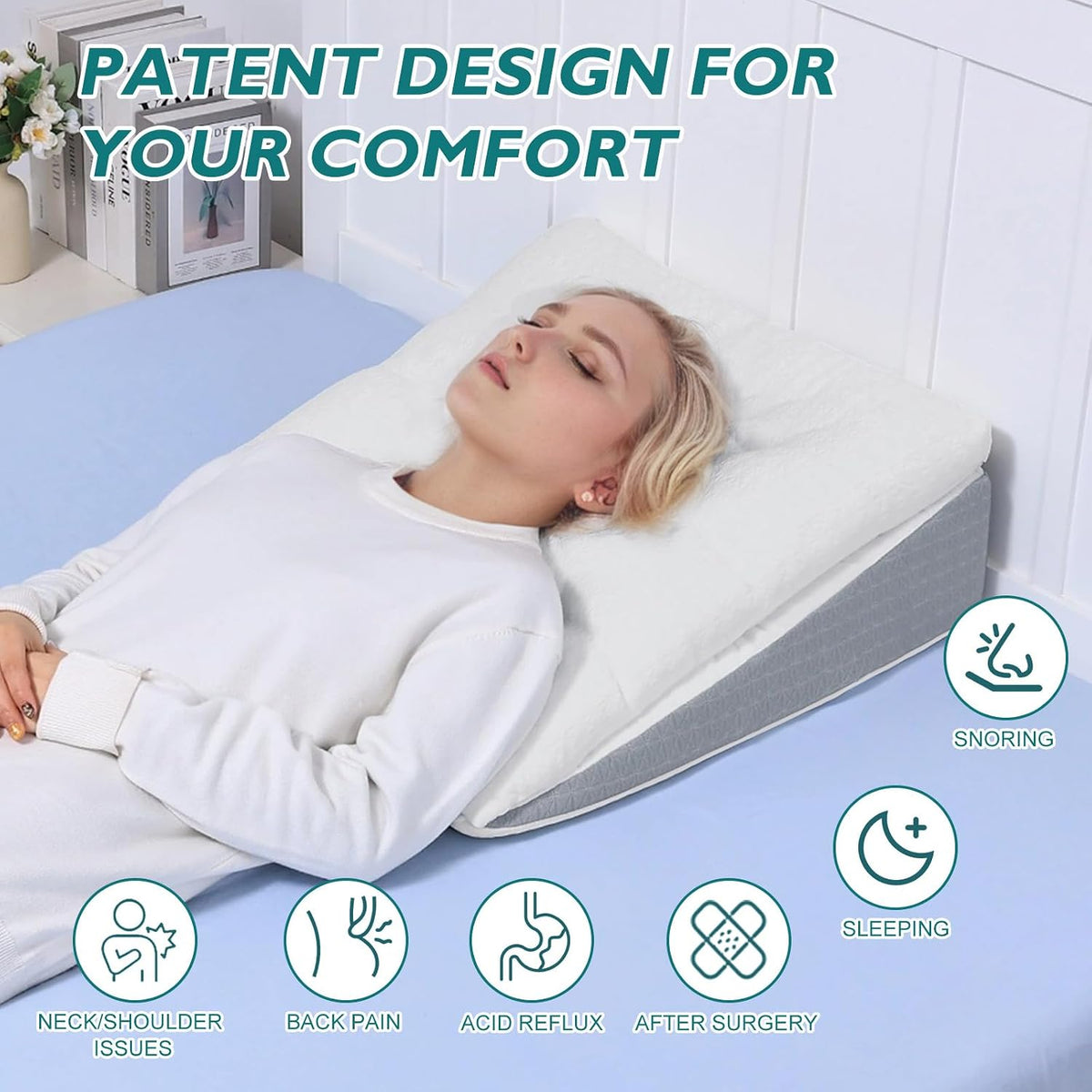 Bed Wedge Pillow for Sleep Apnea 7.5Inch Gerd Pillow Patent Dual Layer Triangle Pillow Adjustable Shredded Memory Foam Topper Soft Support Ideal for Acid Reflux, After Surgery, Snoring