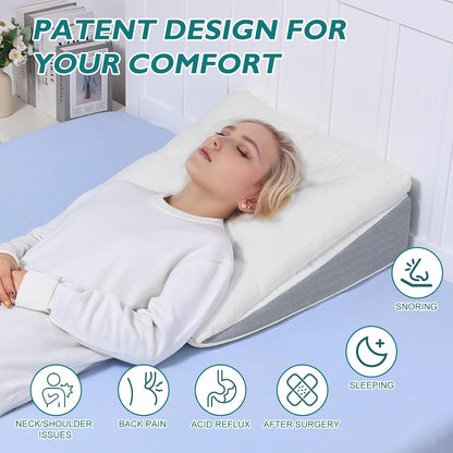 Bed Wedge Pillow for Sleep Apnea 7.5Inch Gerd Pillow Patent Dual Layer Triangle Pillow Adjustable Shredded Memory Foam Topper Soft Support Ideal for Acid Reflux, After Surgery, Snoring