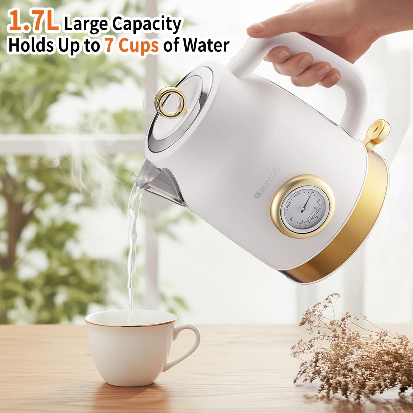 Retro Electric Tea Kettle, 1.7L, Matte White and Gold