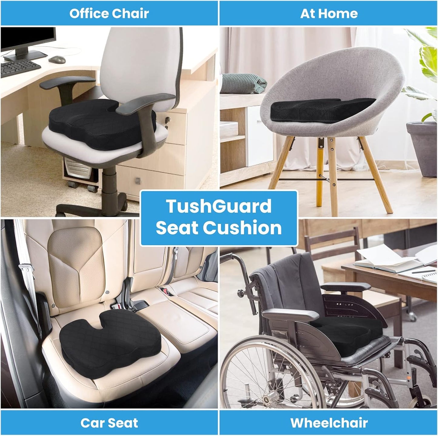 TushGuard Seat Cushion - Memory Foam Sitting Pillow for Office Chair, Car Seat, Airplane, Bleacher - Sciatica & Hip & Coccyx Pain Relief Desk Chair Cushion for Long Sitting Office Workers, Car Drivers