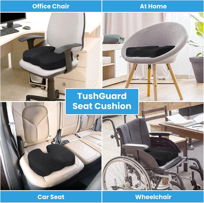 TushGuard Seat Cushion - Memory Foam Sitting Pillow for Office Chair, Car Seat, Airplane, Bleacher - Sciatica & Hip & Coccyx Pain Relief Desk Chair Cushion for Long Sitting Office Workers, Car Drivers