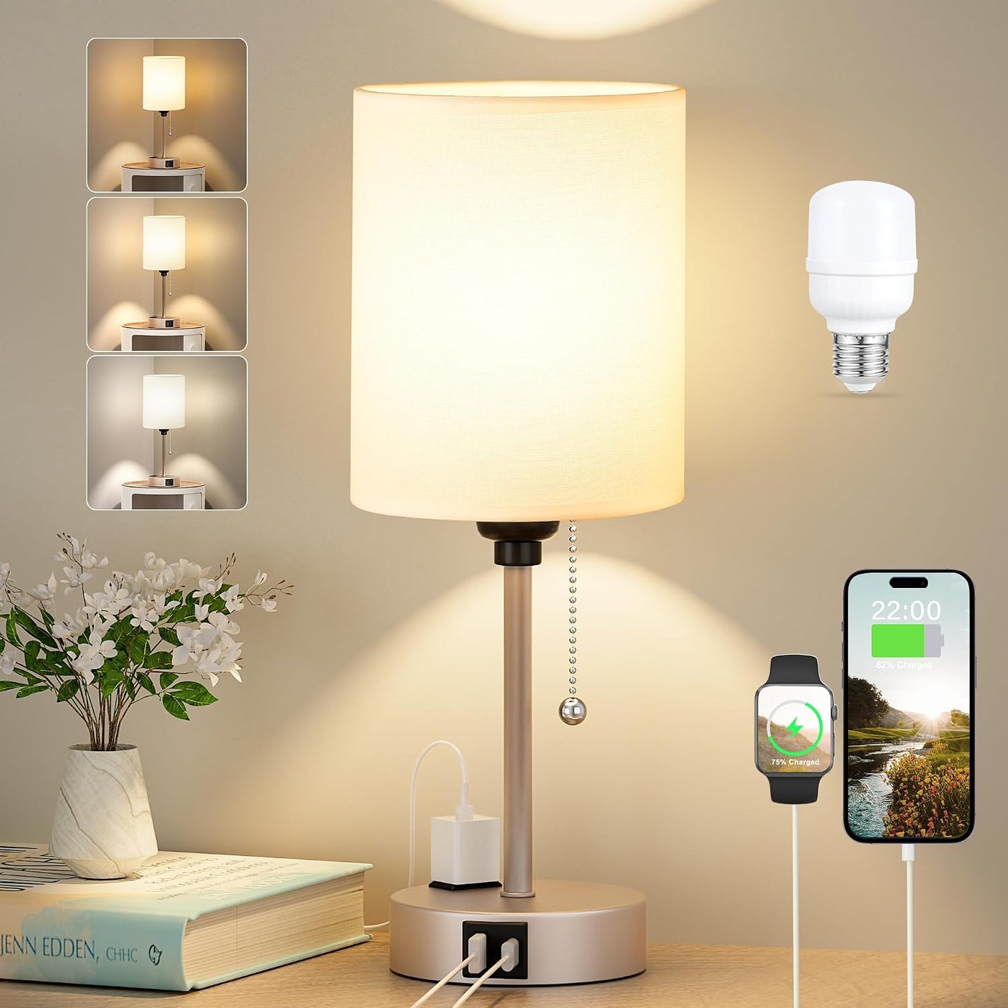 Small Bedside Table lamp for Bedroom - 3 Color Temperatures Bedside Lamps with USB C and A Ports, Pull Chain Table Lamps with AC Outlet, White Nightstand Lamps with Black Metal Base for Kids Reading