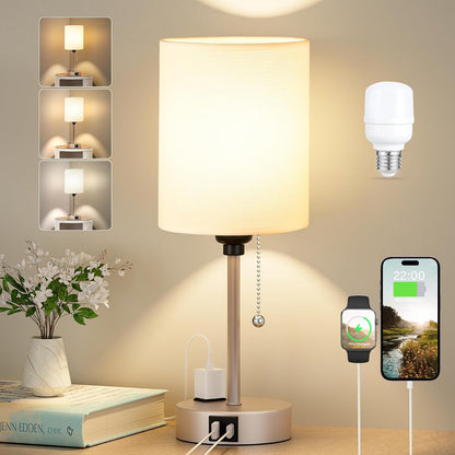Small Bedside Table lamp for Bedroom - 3 Color Temperatures Bedside Lamps with USB C and A Ports, Pull Chain Table Lamps with AC Outlet, White Nightstand Lamps with Black Metal Base for Kids Reading