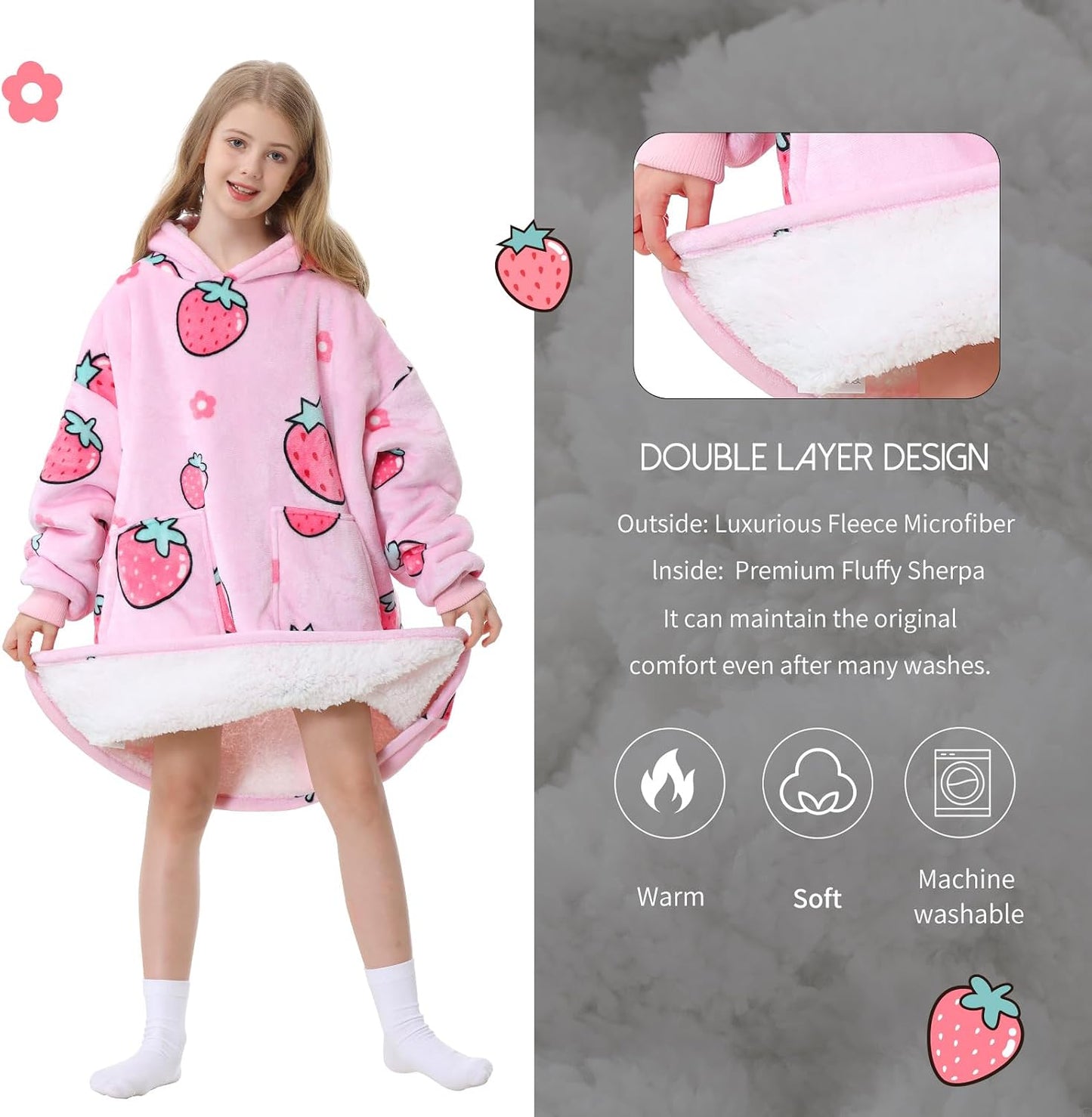 Aemicion Strawberry Blanket Hoodie,Oversized Sherpa Wearable Hooded Blanket,Warm Cozy Sweatshirt Gifts for Women Girls Adult
