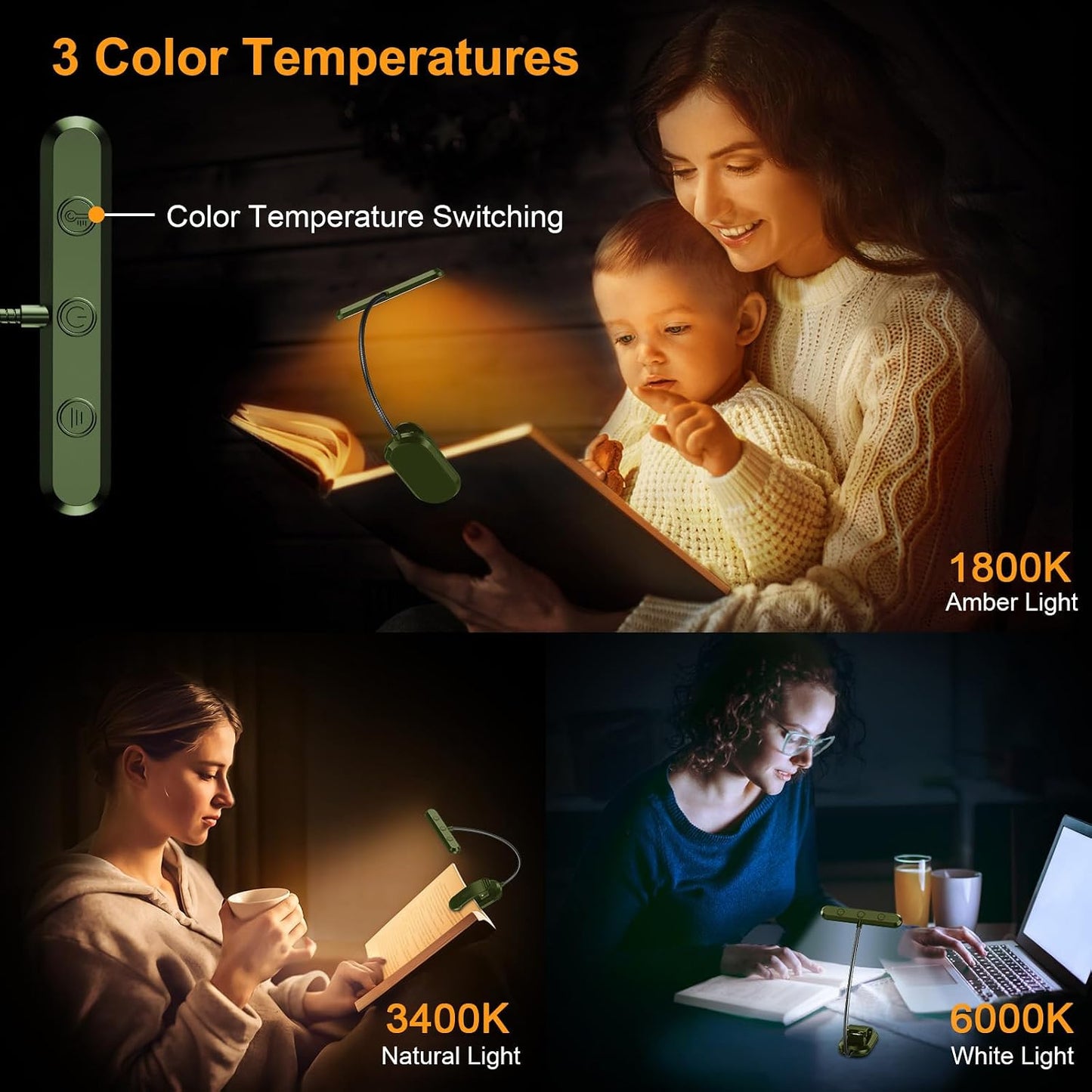 Gritin Rechargeable Book Light for Reading in Bed with 19 LED | Eye Caring 3 Color Temps,5 Brightness Levels,Memory Function,90 Hrs Runtime Flexible Goose Neck Clip on Light for Book Lovers