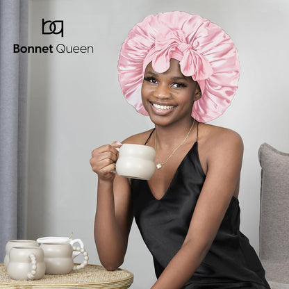 BONNET QUEEN Silk Bonnet for Sleeping for Women Satin Bonnet Night Cap for Curly Hair with Tie Band, Single Layer, Cream Pink