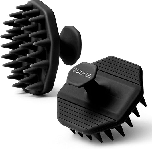 SILKLE Scalp Massager Shampoo Brush – Silicone Scalp Scrubber for Hair Growth & Dandruff Removal, One-Piece, Non-Slip Handle, Soft Bristles, Wet/Dry Shower Scalp Exfoliator for All Hair Types – Black